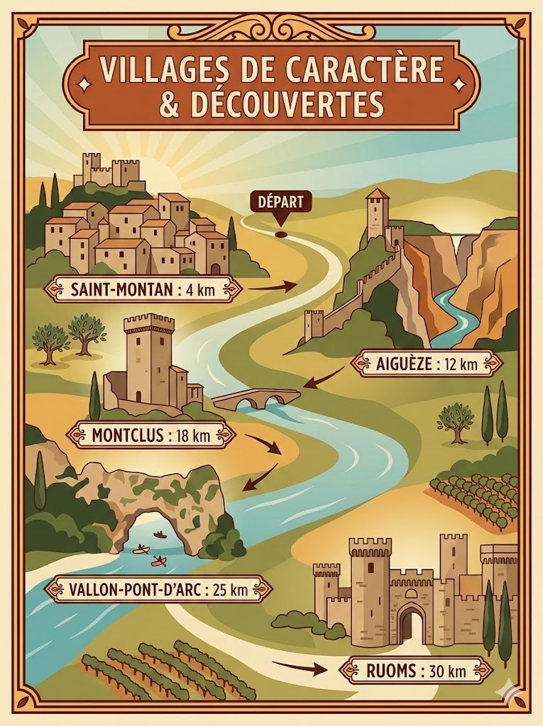 Carte touristique illustrée des villages de caractère et découvertes près de notre camping en Ardèche.