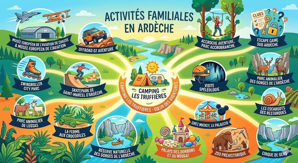 Touristenkarte der Entfernungen zwischen dem Campingplatz Les Truffières und den wichtigsten Sehenswürdigkeiten in Ardèche, Gard, Drôme und Vaucluse.