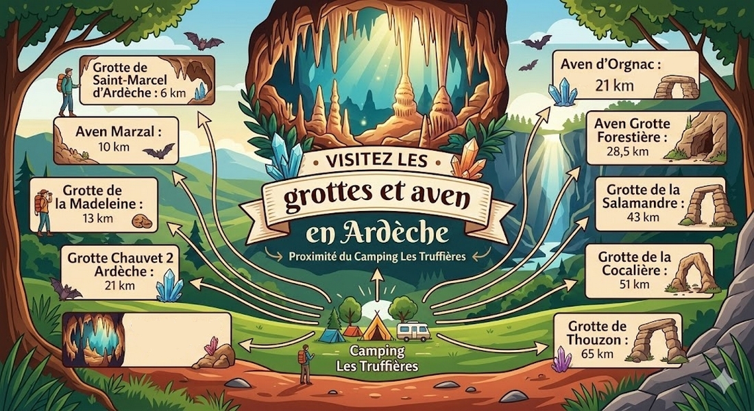 Carte des grottes et avens du Sud-Ardèche : temps de trajet exacts depuis le Camping 3★ Les Truffières.