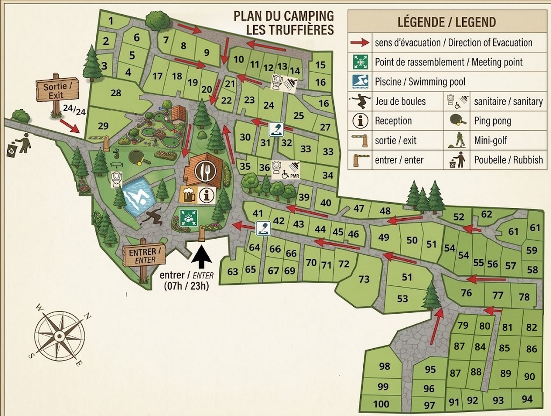 Plan détaillé des emplacements du camping les Truffières en Ardèche