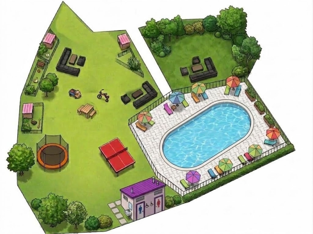 Plan de l'espace piscine et alentours directs