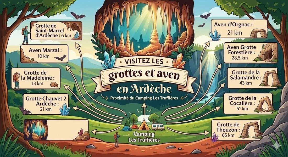 Carte des grottes et avens du Sud-Ardèche : temps de trajet exacts depuis le Camping 3★ Les Truffières (6 min Grotte Saint-Marcel, 25 min Grotte Chauvet 2).